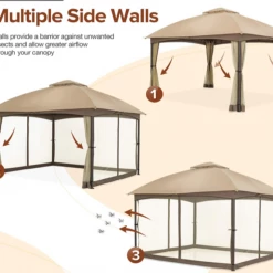 Gazebo Parts Direct Allen And Roth Inspired 10x12 Patio Dome Gazebo W/Mosquito Netting, Two-Tier Vented Top For Backyard Garden Lawn (Beige)