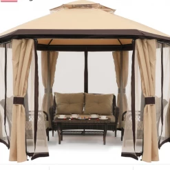 Gazebo Parts Direct 10'x10' Gazebos For Patios, Outdoor Hexagonal Gazebo With Netting And Privacy Curtains For Garden, Patio, Backyard