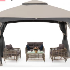Gazebo Parts Direct Patio Garden Gazebo 10x12 With Mosquito Netting+ Double Soft-top Light Gray