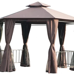 Gazebo Parts Direct 13' X 13' Outdoor Patio Gazebo Canopy Pavilion With Removable Mesh Netting, Curtains, Double Tiered Roof, UV Protection & Large Floor Space Coffee Hexagon