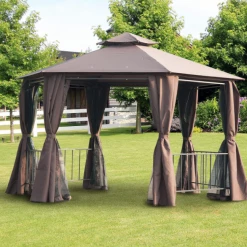 Gazebo Parts Direct 13' X 13' Outdoor Patio Gazebo Canopy Pavilion With Removable Mesh Netting, Curtains, Double Tiered Roof, UV Protection & Large Floor Space Coffee Hexagon
